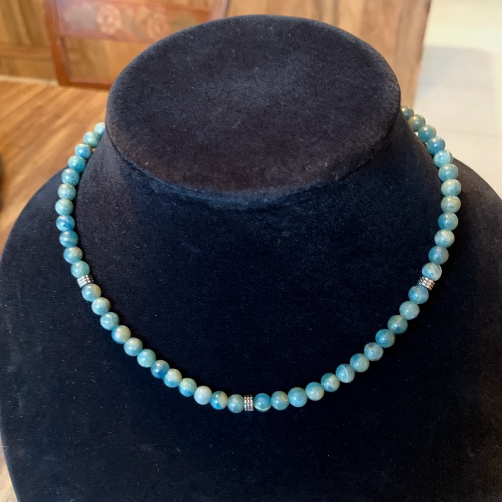 Agate 925 Sterling Stamped Silver Blue Green Necklace Beaded 16 inch - Picture 3 of 6